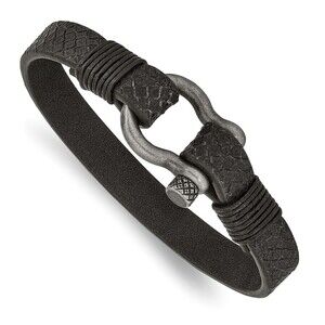 Steel Antiqued White Bronze Plated Shackle Textured Black Leather 8in Bracelet